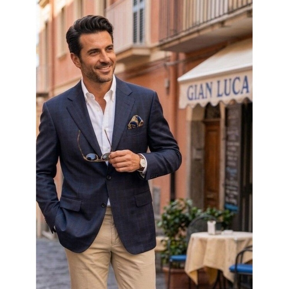 Gian Luca Napoli (Isaia) Navy Blue Plaid Wool Suit Jacket Blazer 46L Italy